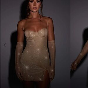 Elegant Gold Glitter Dress with Sheer Gloves
